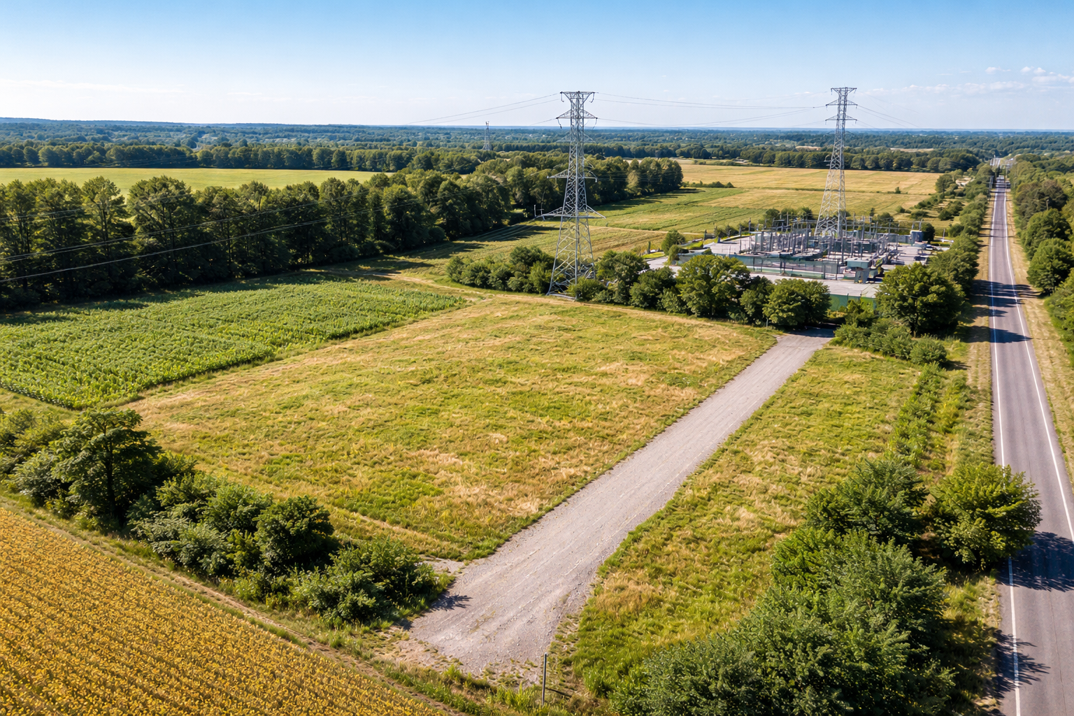 Vue aérienne d'un terrain agricole avec champs verts