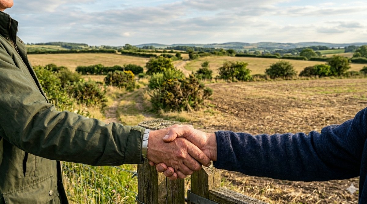 Poignée de main entre propriétaire terrien et technicien en milieu rural